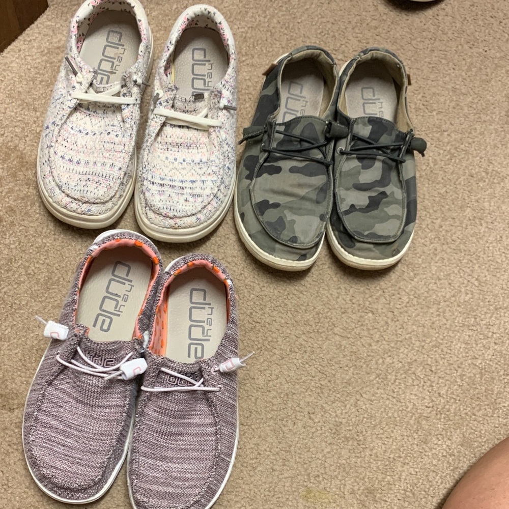 Bundle of Hey Dudes and NEW INSOLES - White, pink and camo.